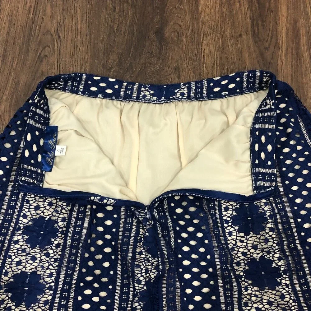 Blue Rain Rair Sz L Blue Floral Lace Outer Design Back Zip Knee Length Skirt - Picture 9 of 9